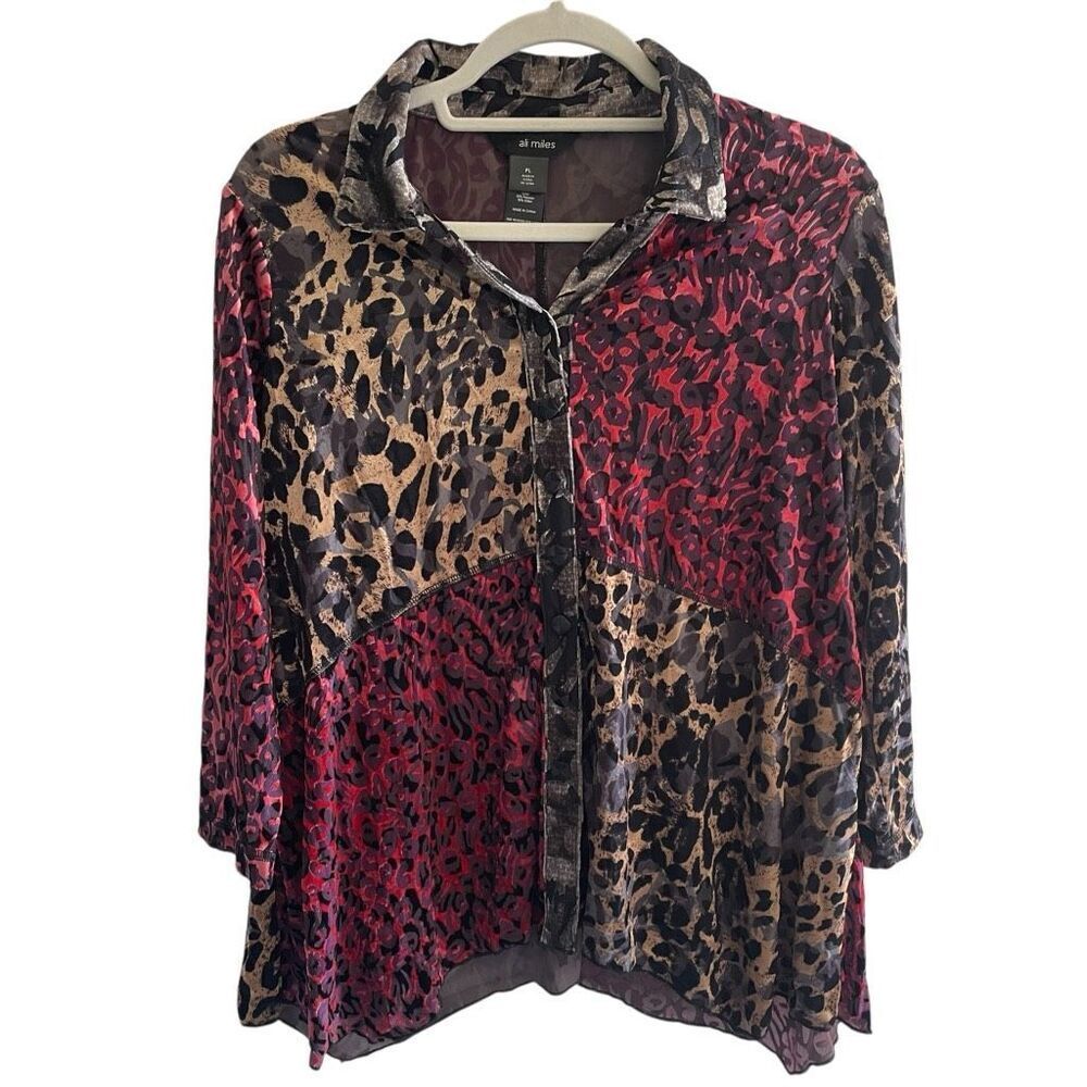 Ali Miles Animal Print Burn Out Velvet Top Women’s Size PL Petite Large Shirt